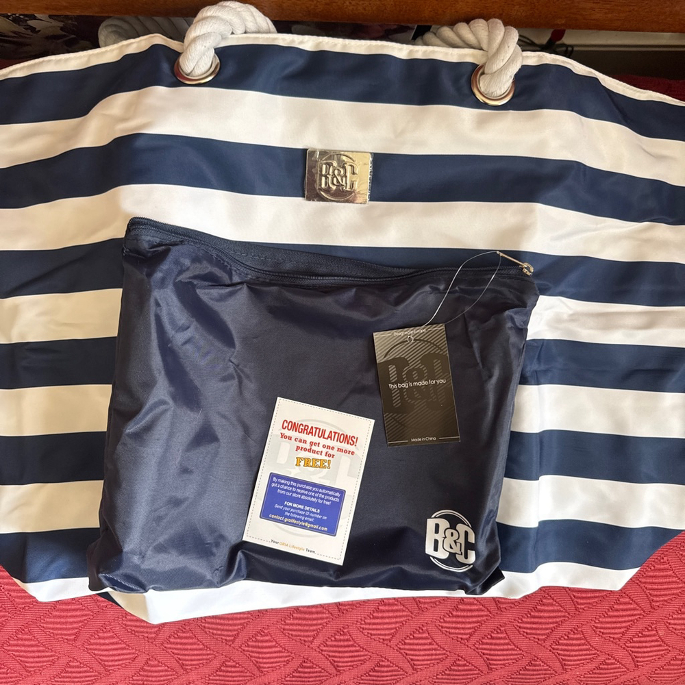 Bang & Carsen Navy & White Striped Waterproof Nylon Beach Travel Tote Bag - Picture 2 of 6